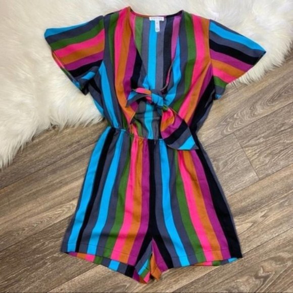 Leith Multi Stripe Tie Front Summer Romper - Picture 1 of 5